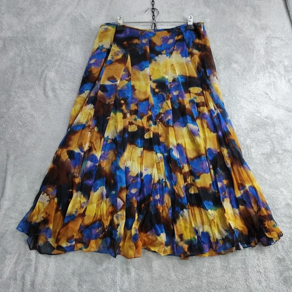 Silk Maxi Skirt Sz 8 Jones NY Watercolor Astract Side‎ Zip Artsy Lined Versatile